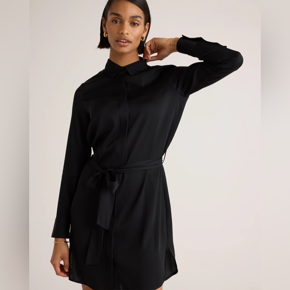 Quince Black Long Sleeve Shirt Dress with Waist Tie
